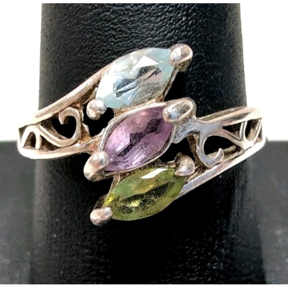 Vtg 925 Sterling Silver 3-Stone Marquise Ring Peridot Amethyst Blue Topaz Size 9